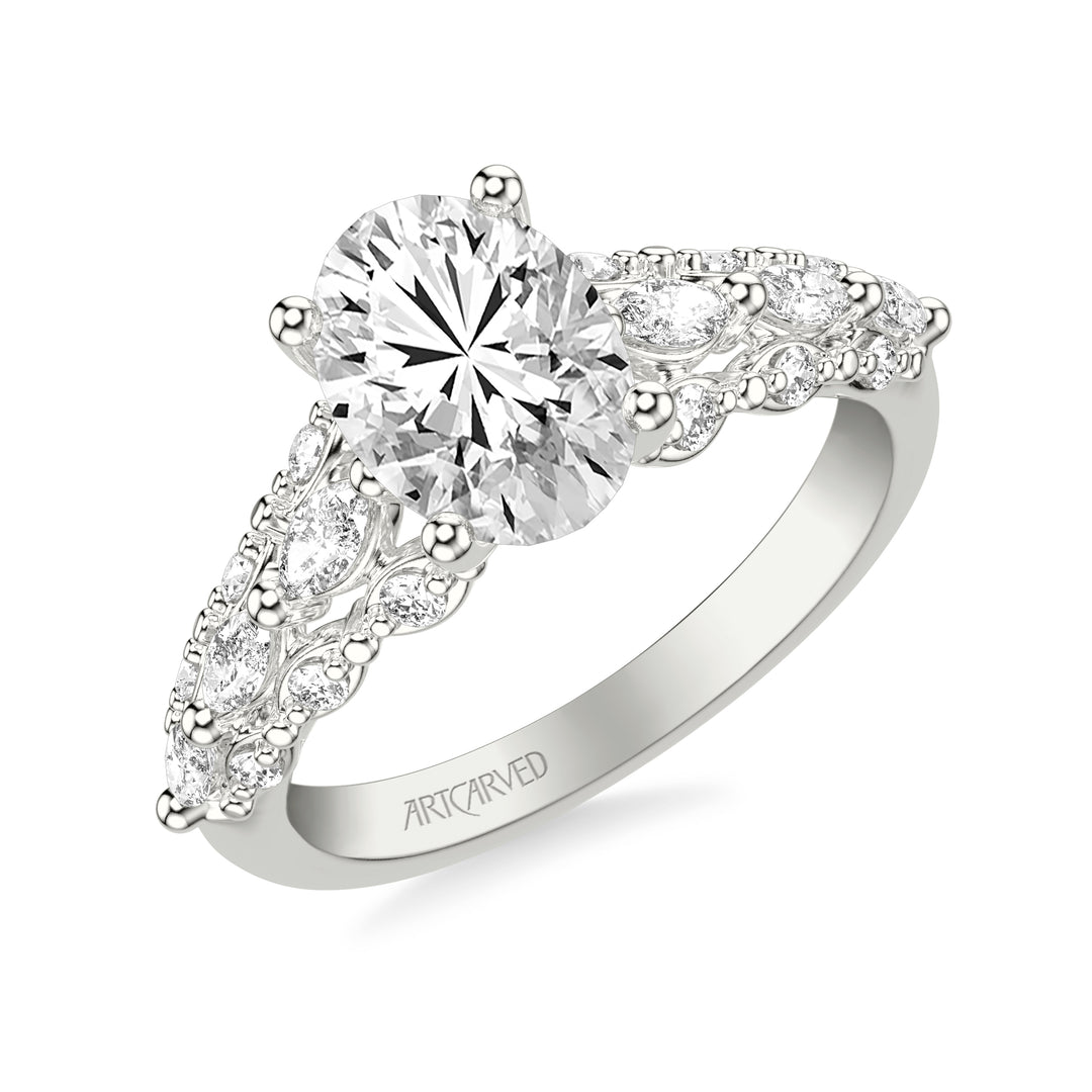 Classic Engagement Ring with Cathedral Shank and Graduated Triple Row Prong Set Round and Marquise Diamond Shank.  Center Stone is not included.