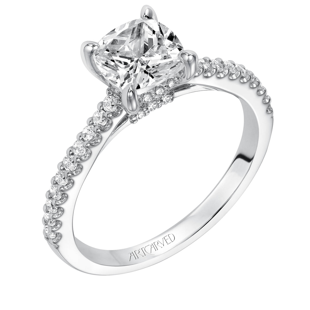 Willa, Classic prong set diamond engagement ring with diamond detailed crown and bridge with diamond accented shank.  Center Stone is not included.