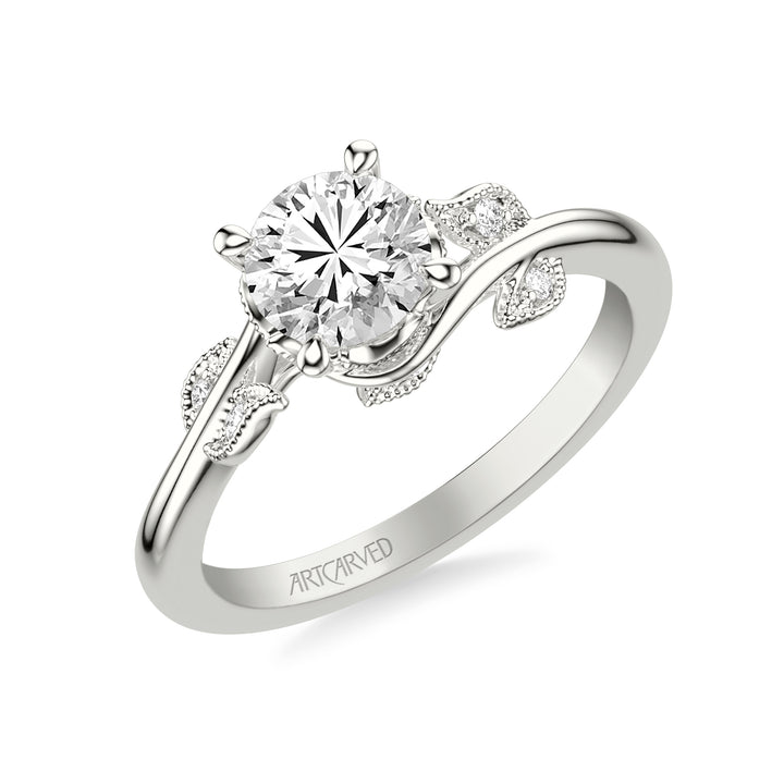 31-V783GRW-E.01 - ARTCARVED - Floral Engagement Ring with Diamond and Milgrain Accented Petal Gallery and Polished Shank