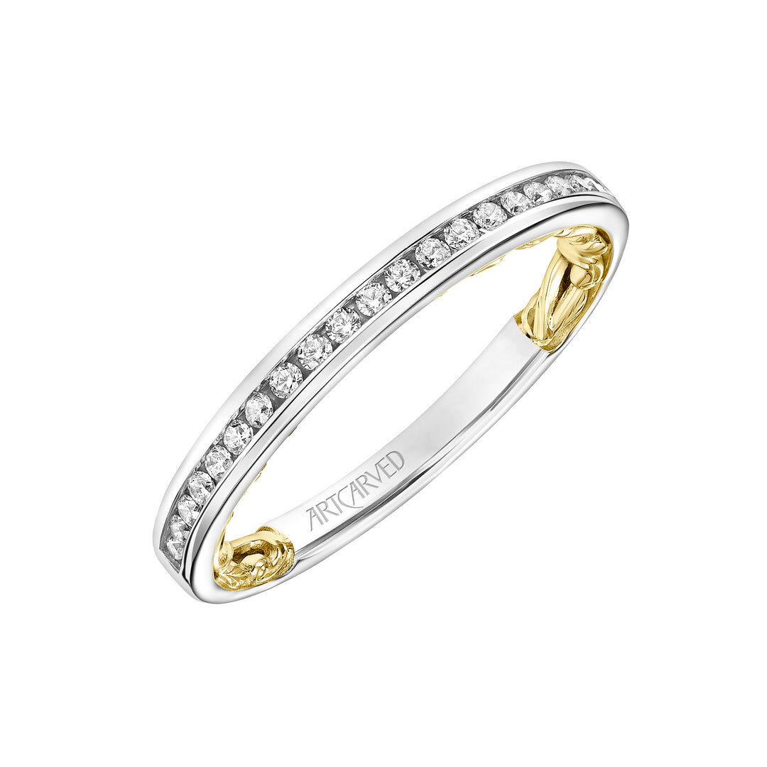 Lyric Channel Set Diamond Wedding Band with Inner Carved details