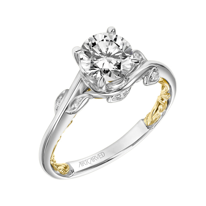 Lyric Engagement Ring with Diamond Accented Petal Gallery and Inner Carved details and Polished Shank.  Center Stone is not included.