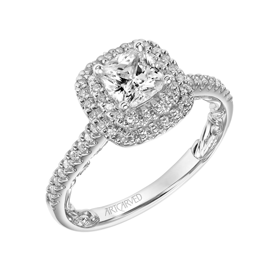 Lyric Engagement Ring with Cushion Double Diamond Halo and Accented Diamond Gallery with Diamond Shank.  Center Stone is not included.