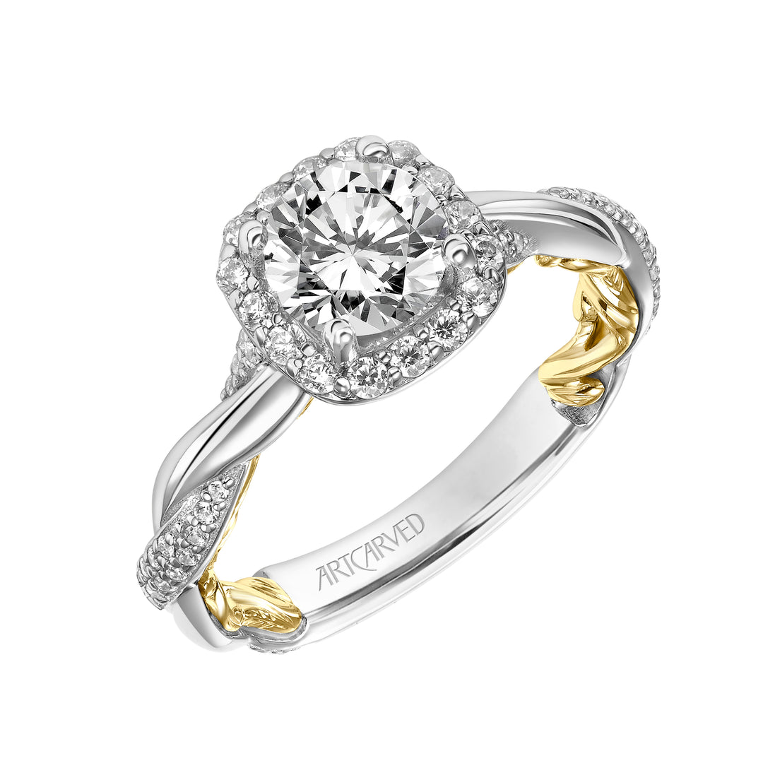 Lyric Engagement Ring with Cushion Diamond Halo and Accented Diamond Gallery with Twist Diamond and Polished Shank.  Center Stone is not included.