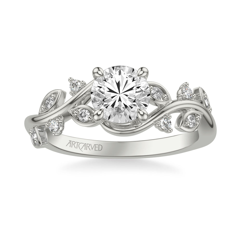 31-V1036DRW-E.01 - ARTCARVED - Floral Engagement Ring with Diamond Petal Accents and Floating Diamonds and Polished Shank