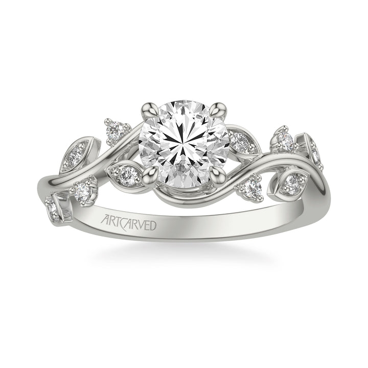 31-V1036DRW-E.01 - ARTCARVED - Floral Engagement Ring with Diamond Petal Accents and Floating Diamonds and Polished Shank