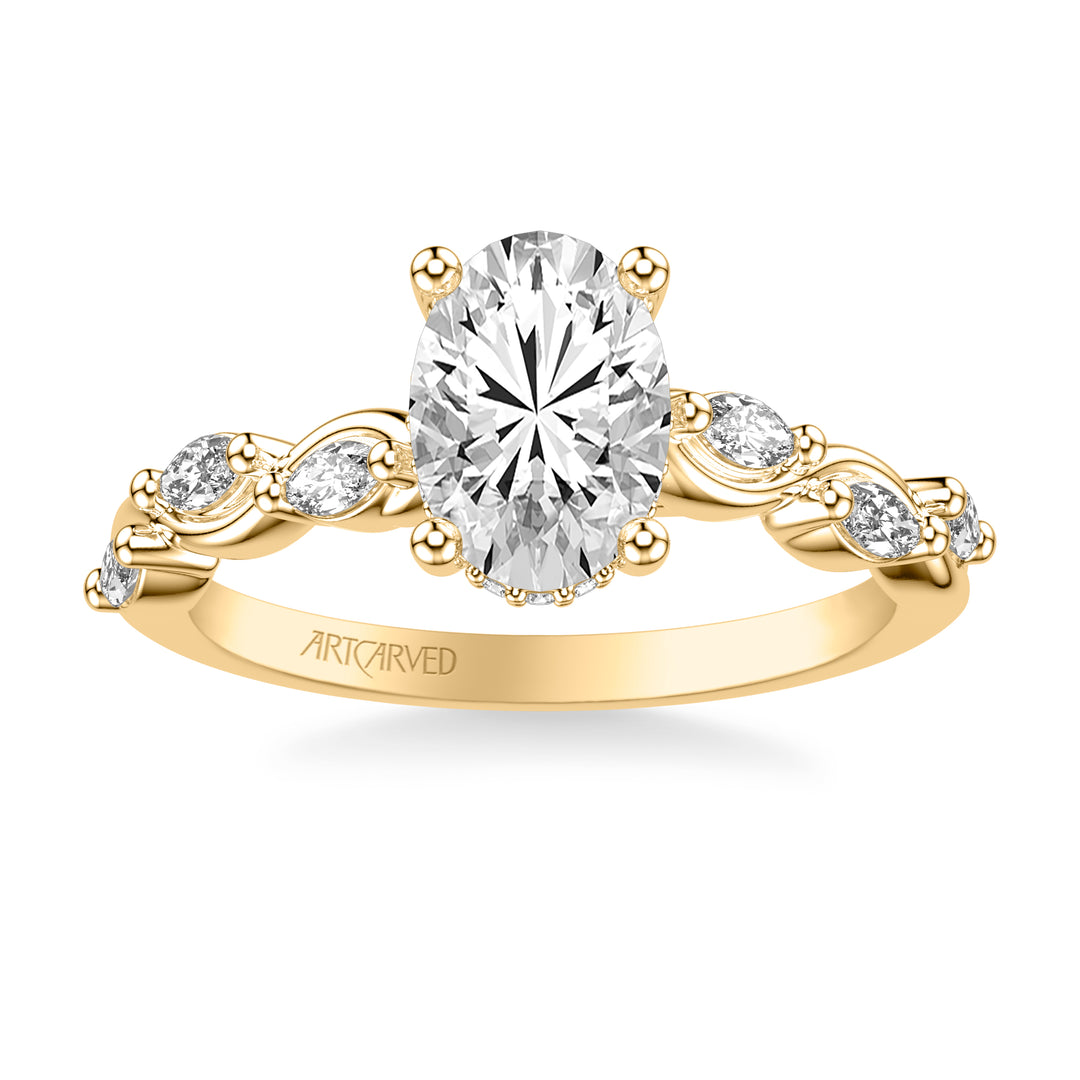 Floral Engagement Ring with Hidden Diamond Halo and Twisted Vine Bezel Set Marquise Diamonds.  Center Stone is not included.