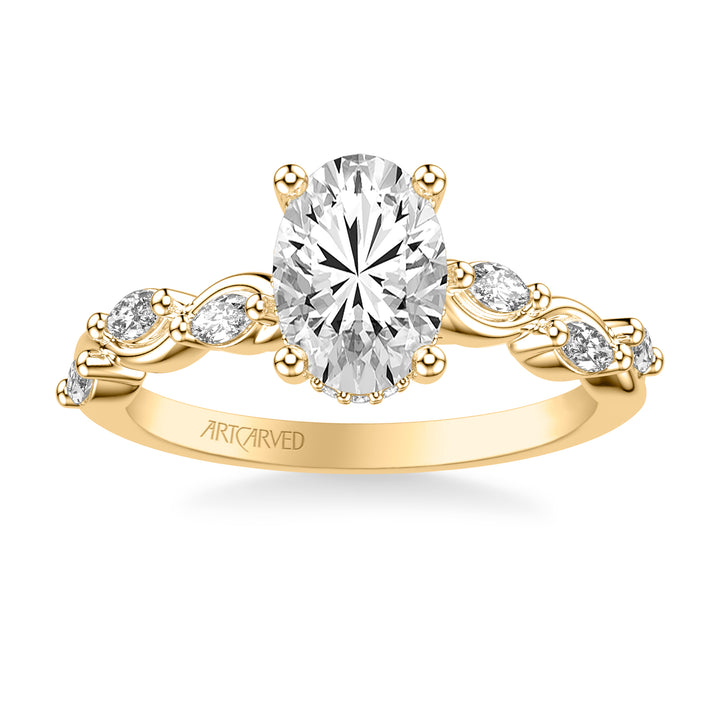 Floral Engagement Ring with Hidden Diamond Halo and Twisted Vine Bezel Set Marquise Diamonds.  Center Stone is not included.