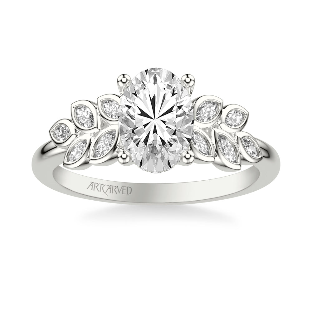 31-V1075GVY-E.01 - ARTCARVED - Floral Engagement Ring with Cluster Bezel Set Marquise Diamond Petals and Polished Shank