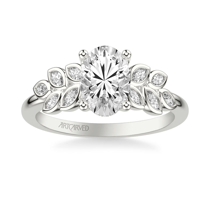 31-V1075GVY-E.01 - ARTCARVED - Floral Engagement Ring with Cluster Bezel Set Marquise Diamond Petals and Polished Shank