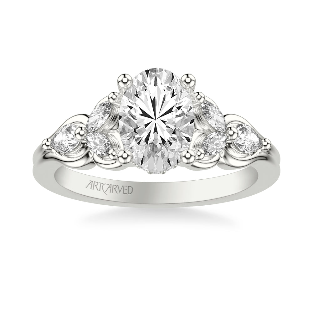 31-V1077GRW-E.01 - ARTCARVED - Floral Engagement Ring with Bezel Set Marquise Diamond Petals and Pear Diamond Accents with Double Row Polished Shank