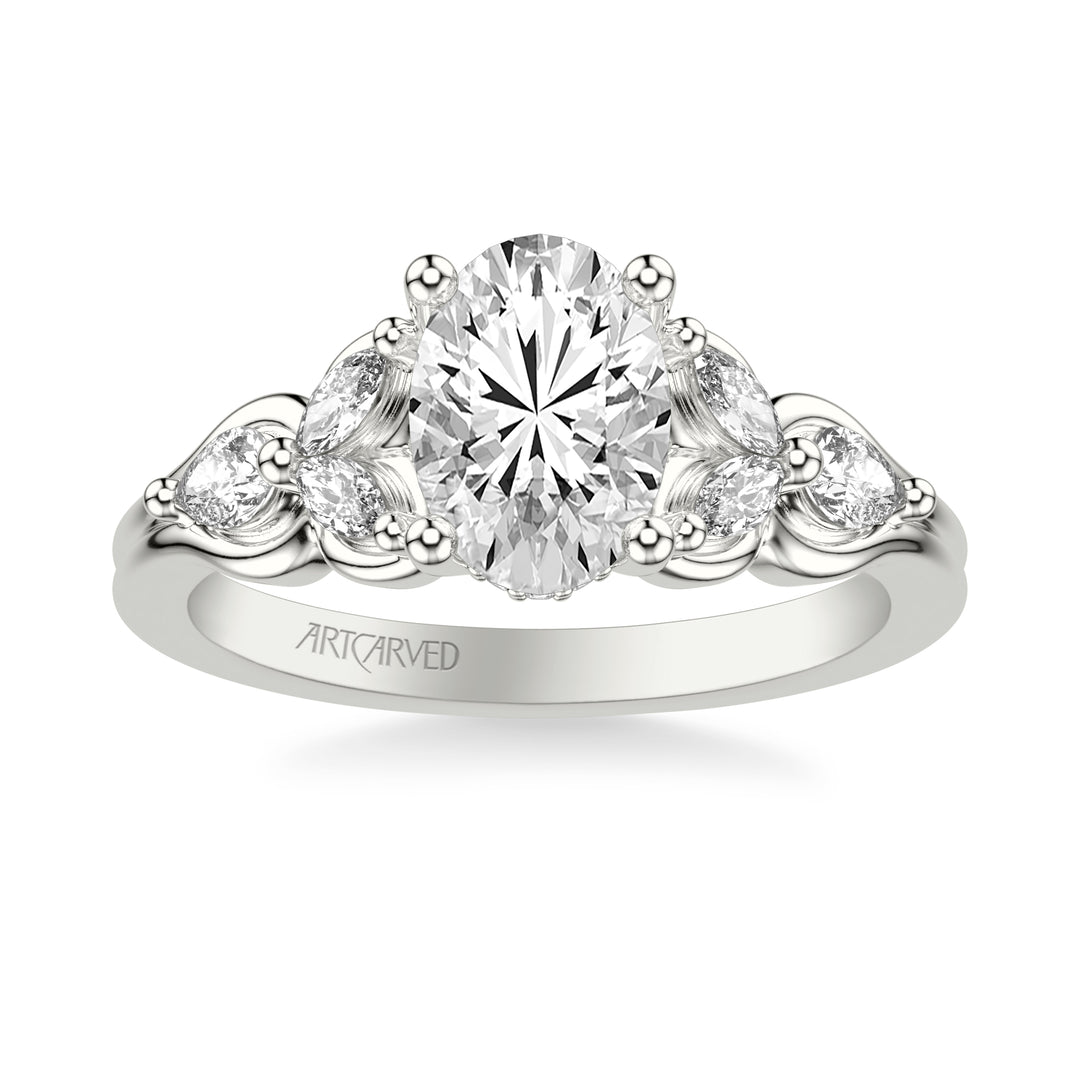 31-V1077GRW-E.01 - ARTCARVED - Floral Engagement Ring with Bezel Set Marquise Diamond Petals and Pear Diamond Accents with Double Row Polished Shank