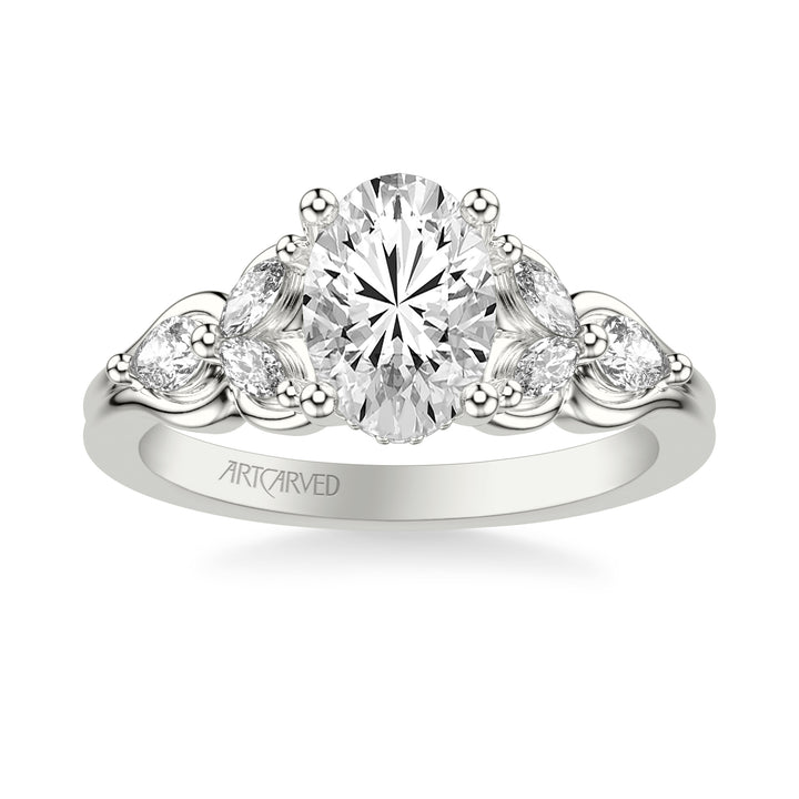 31-V1077GRW-E.01 - ARTCARVED - Floral Engagement Ring with Bezel Set Marquise Diamond Petals and Pear Diamond Accents with Double Row Polished Shank