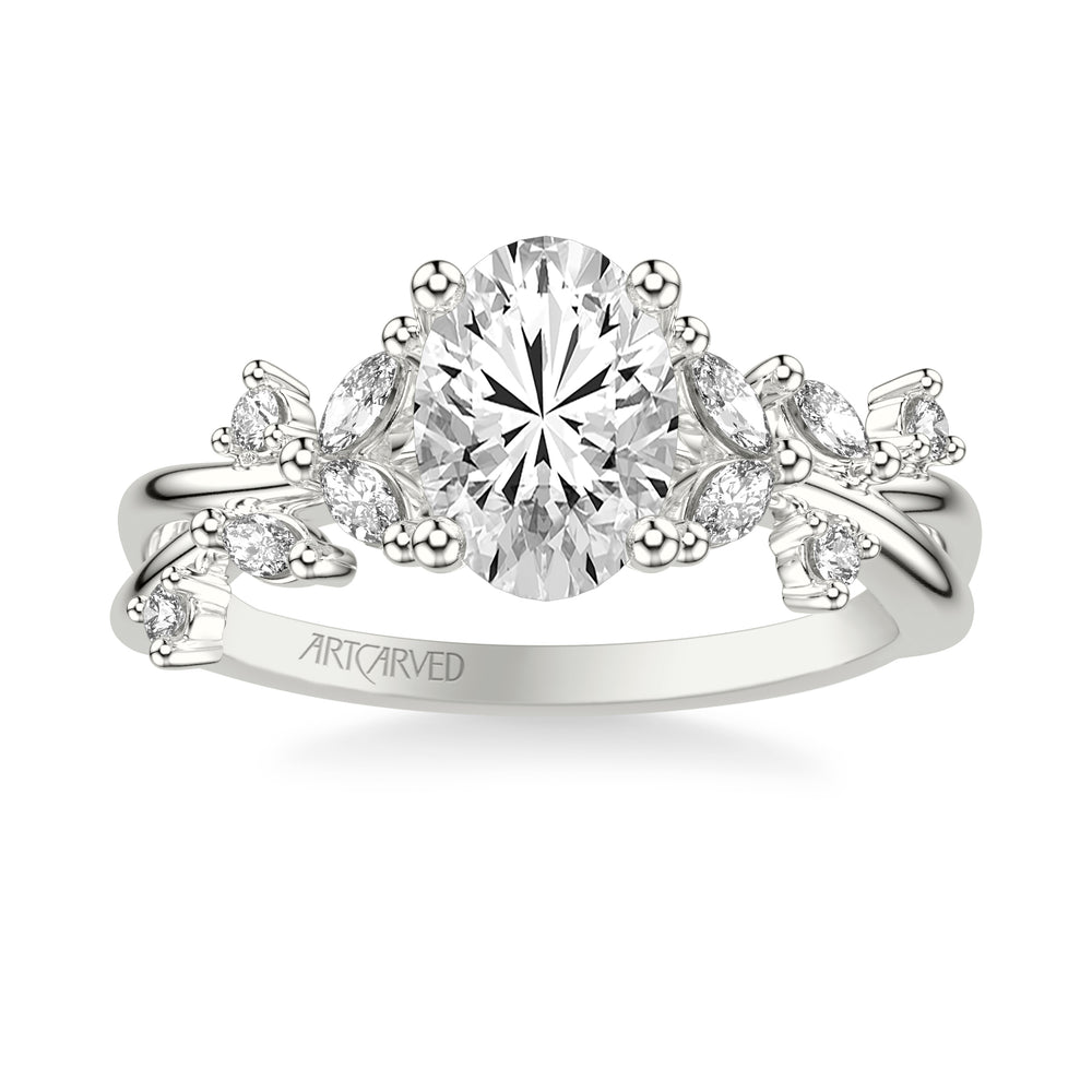 31-V1082GVW-E.01 - ARTCARVED - Floral Engagement Ring with Prong Set Marquise and Round Diamond Accents and Twisted Polished Shank