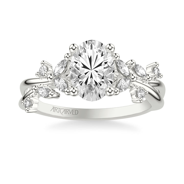 31-V1082GVW-E.01 - ARTCARVED - Floral Engagement Ring with Prong Set Marquise and Round Diamond Accents and Twisted Polished Shank