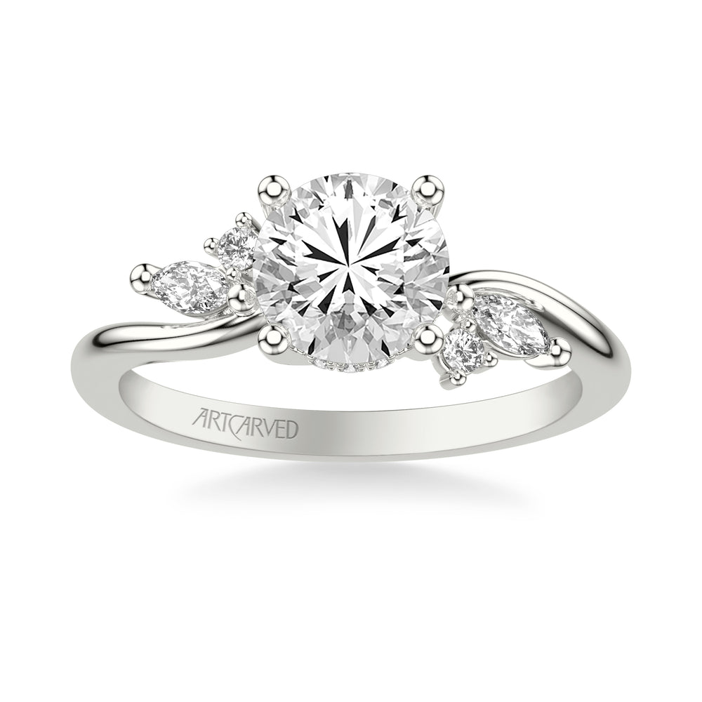 31-V1083GRW-E.01 - ARTCARVED - Floral Engagement Ring with Prong Set Marquise and Round Diamond Accents and Bypass Polished Shank