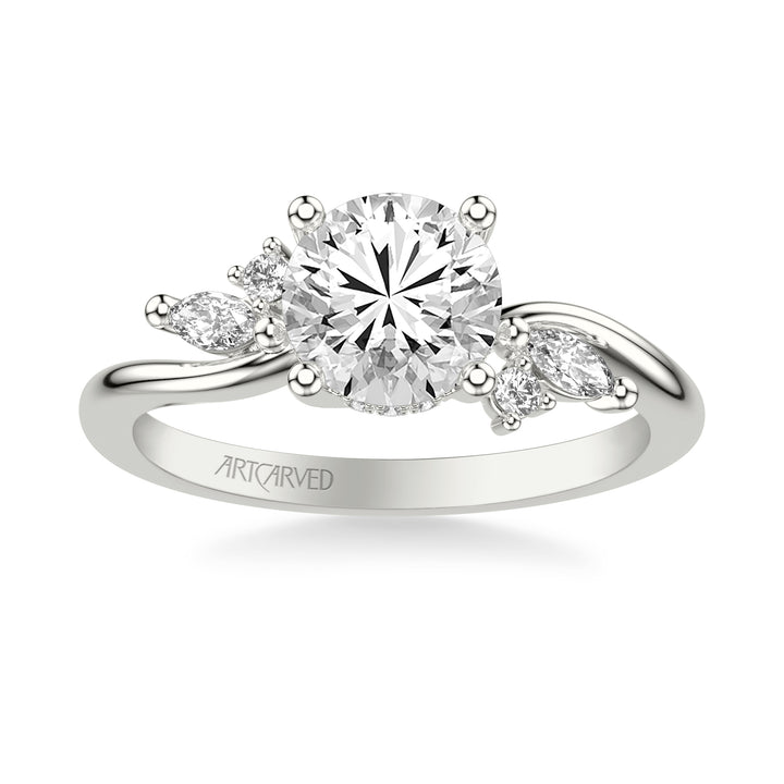 31-V1083GRW-E.01 - ARTCARVED - Floral Engagement Ring with Prong Set Marquise and Round Diamond Accents and Bypass Polished Shank