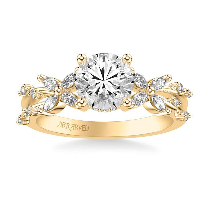 31-V1085GRY-E.01 - ARTCARVED - Floral Engagement Ring with Prong Set Marquise Diamond Petal Accents and Polished Bypass Shank