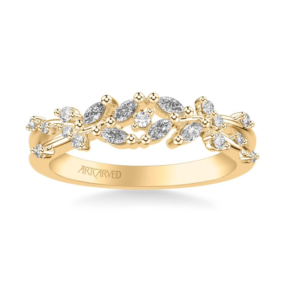 Floral Wedding Band with Prong Set Marquise Diamond Petal Accents and Polished Bypass