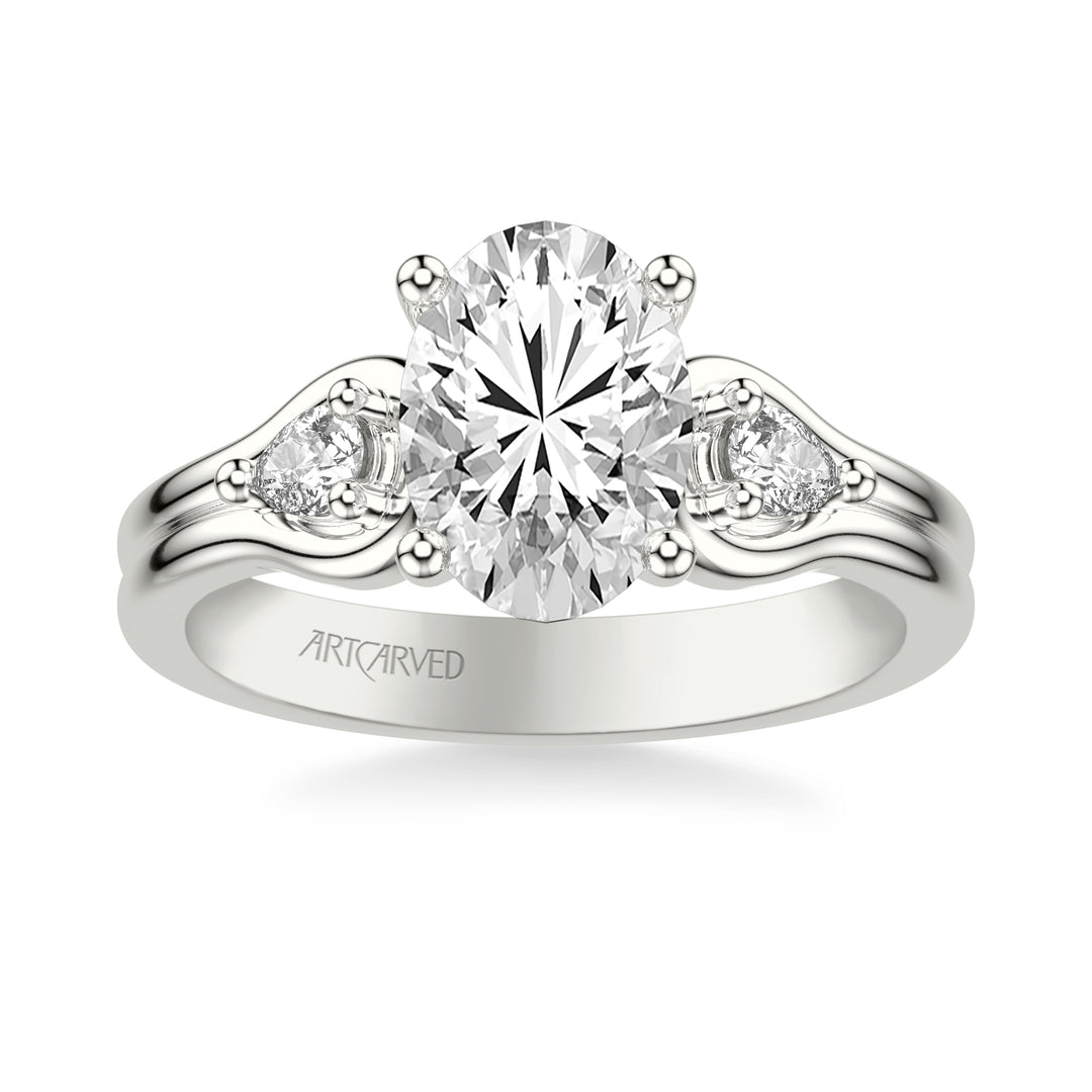 Classic Three-Stone Engagement Ring with Pear Side Stones and Double Row Polished Shank.  Center Stone is not included.