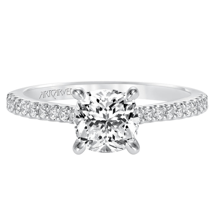 Willa, Classic prong set diamond engagement ring with diamond detailed crown and bridge with diamond accented shank.  Center Stone is not included.