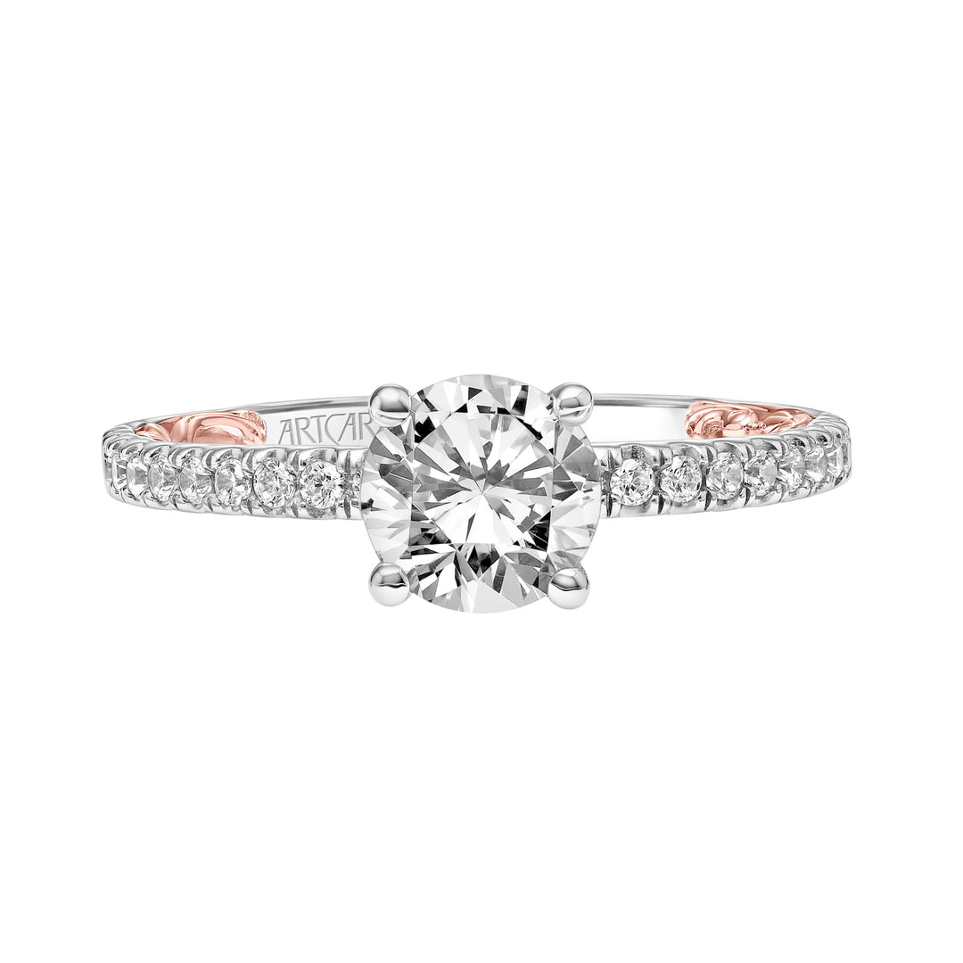 Lyric Engagement Ring with Diamond Collar and Inner Carved details and Diamond Shank.  Center Stone is not included.