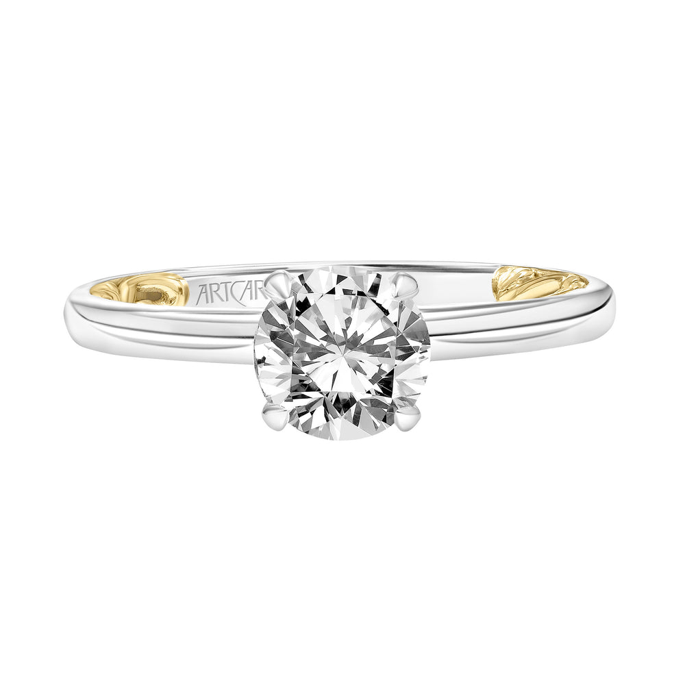 Lyric Solitaire Diamond Engagement Ring  with Inner Carved details and Polished Shank.  Center Stone is not included.