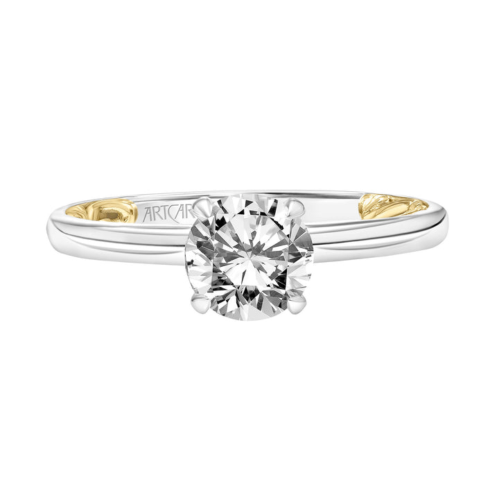 Lyric Solitaire Diamond Engagement Ring  with Inner Carved details and Polished Shank.  Center Stone is not included.