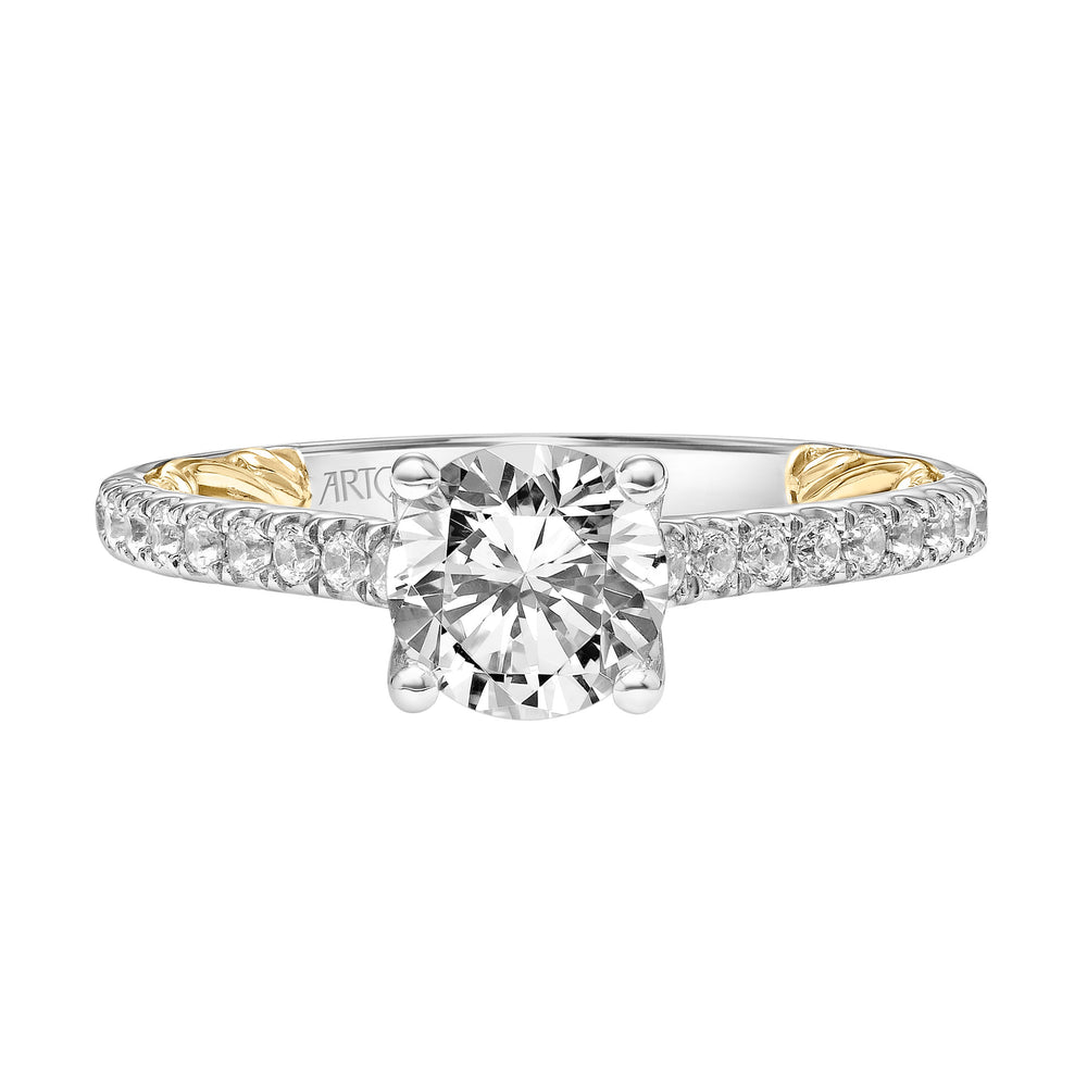 Lyric Engagement Ring with Diamond Accent basket and Inner Carved details and Graduated Diamond Shank.  Center Stone is not included.