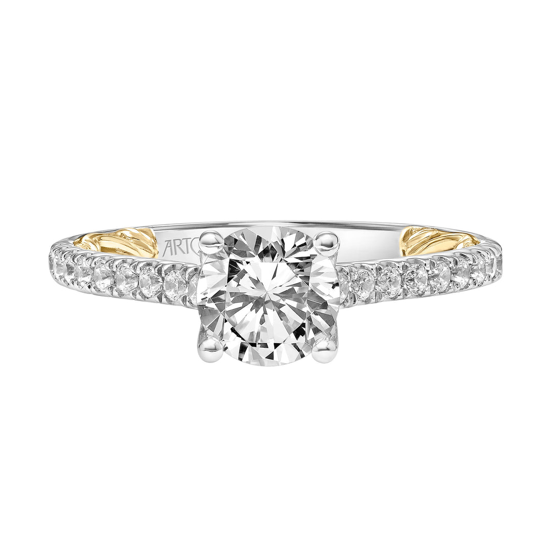 Lyric Engagement Ring with Diamond Accent basket and Inner Carved details and Graduated Diamond Shank.  Center Stone is not included.