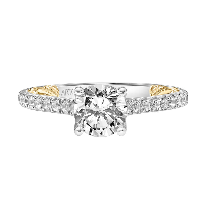 Lyric Engagement Ring with Diamond Accent basket and Inner Carved details and Graduated Diamond Shank.  Center Stone is not included.