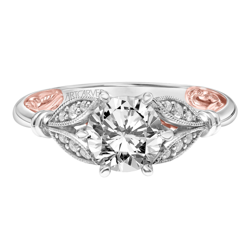 Lyric Engagement Ring with Six Prong Setting and Inner Carved details and Milgrian Petal Accents with Polished Shank.  Center Stone is not included.