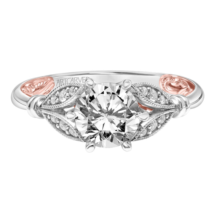 Lyric Engagement Ring with Six Prong Setting and Inner Carved details and Milgrian Petal Accents with Polished Shank.  Center Stone is not included.