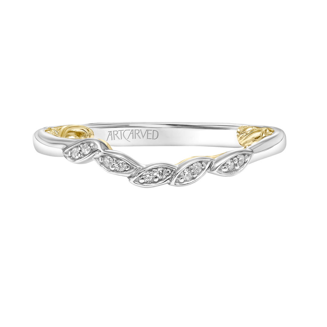 Lyric Curved Wedding Band with Diamond and Milgrain Petal Accents