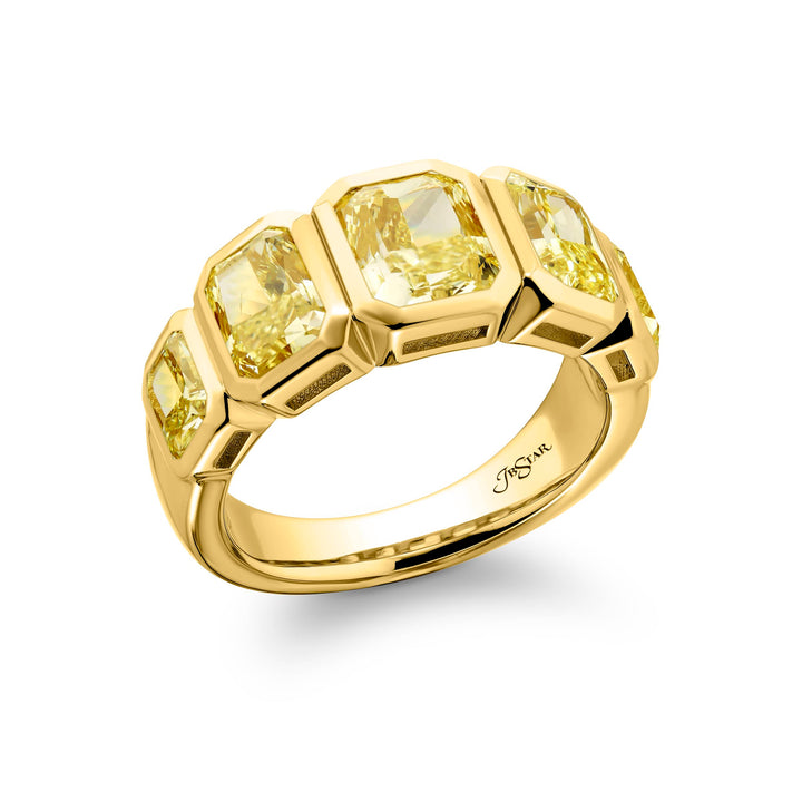 Elegance Elevated: Our stunning 2.53 ctw. GIA certified Bezel Fancy Yellow Diamond Band. These five beautiful radiant-cut fancy yellow diamonds are handcrafted in 18K yellow gold.