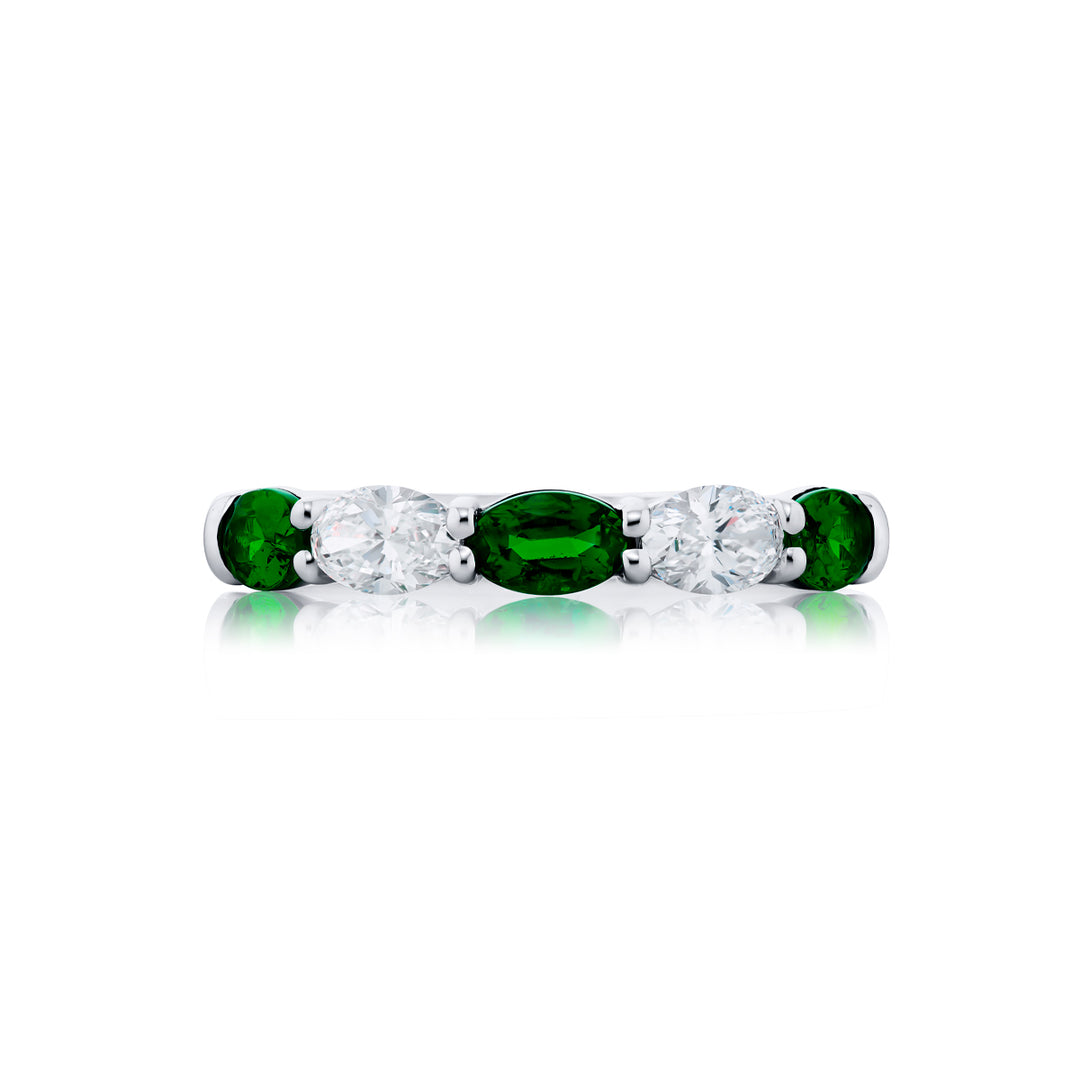 Platinum Oval Emerald and Diamond East-West Band