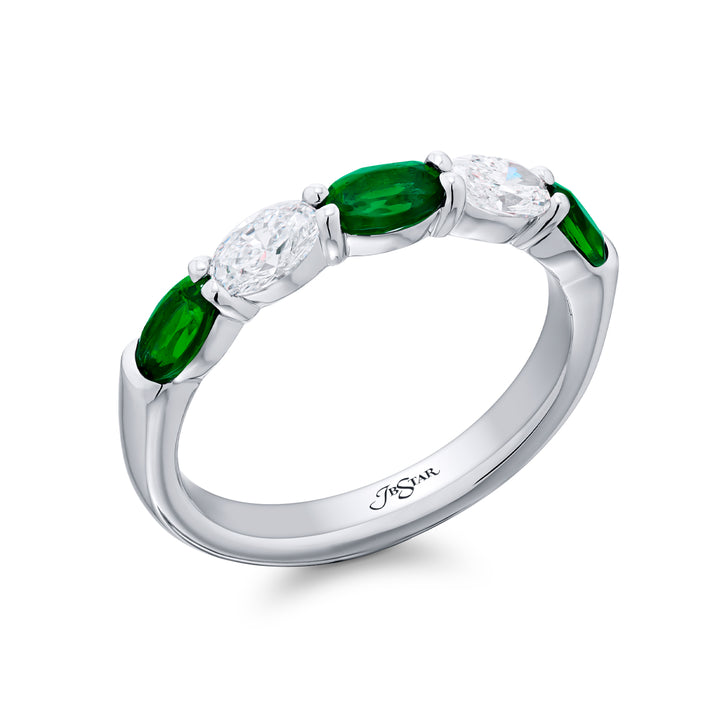 Platinum Oval Emerald and Diamond East-West Band