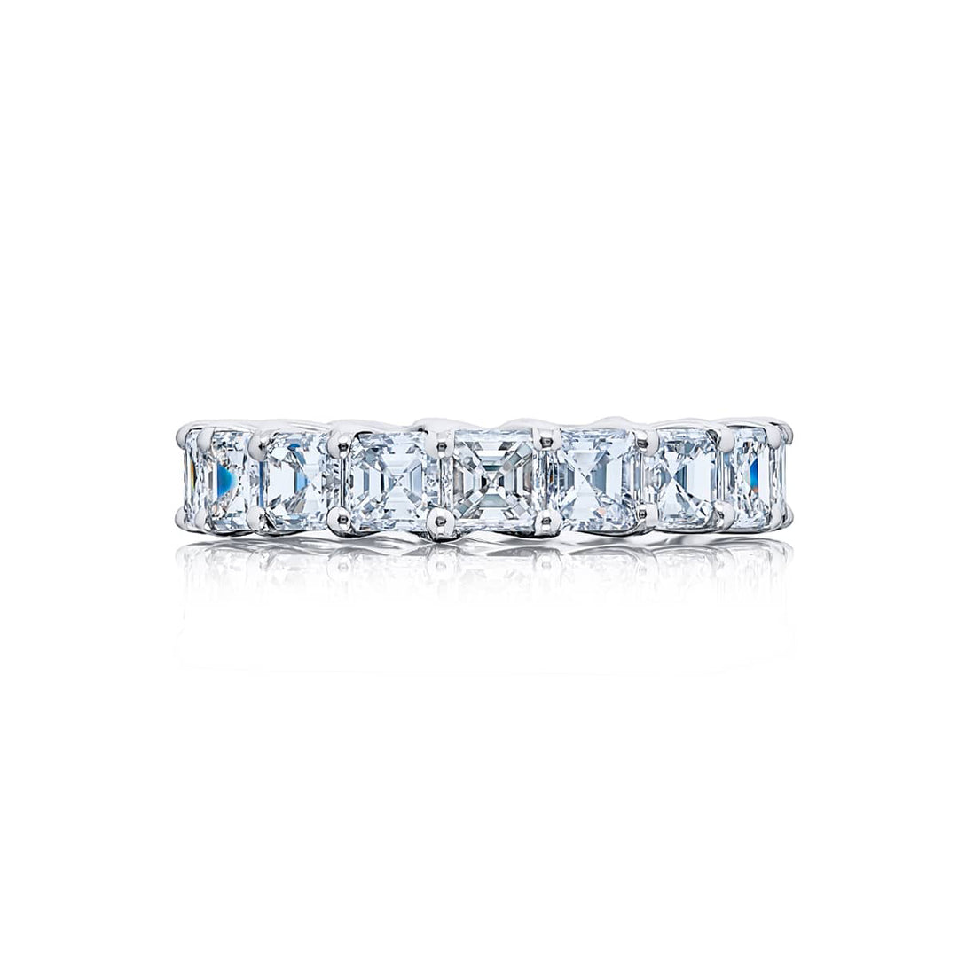 Alluring Eternity: Our beautiful 5.33 ctw. single-row Diamond Eternity Band. These eighteen beautiful square emerald-cut diamonds are handcrafted in pure platinum.