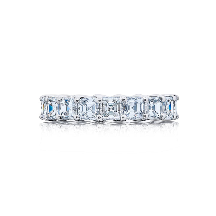 Alluring Eternity: Our beautiful 5.33 ctw. single-row Diamond Eternity Band. These eighteen beautiful square emerald-cut diamonds are handcrafted in pure platinum.