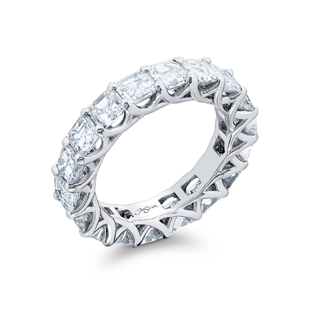 Alluring Eternity: Our beautiful 5.33 ctw. single-row Diamond Eternity Band. These eighteen beautiful square emerald-cut diamonds are handcrafted in pure platinum.