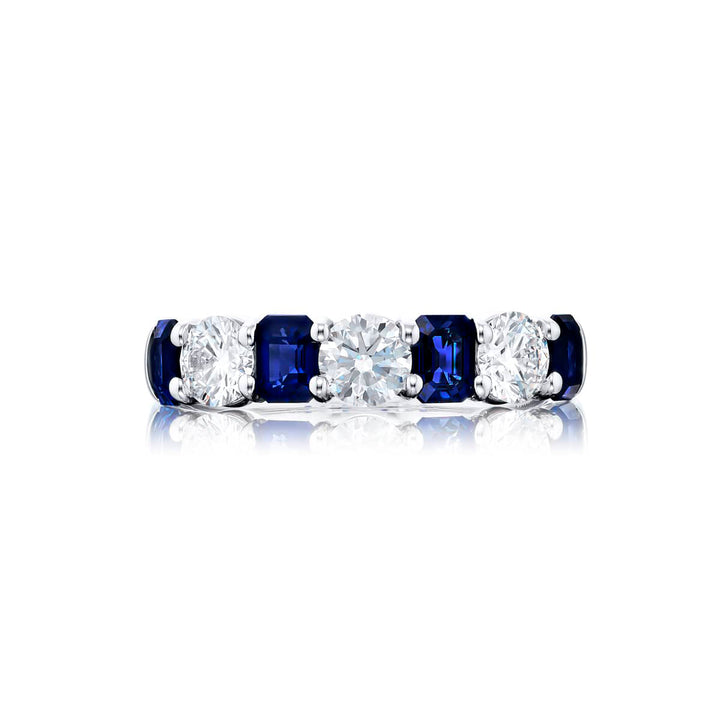 Platinum Emerald-Cut Sapphire and Round Diamond Single-Row Band
