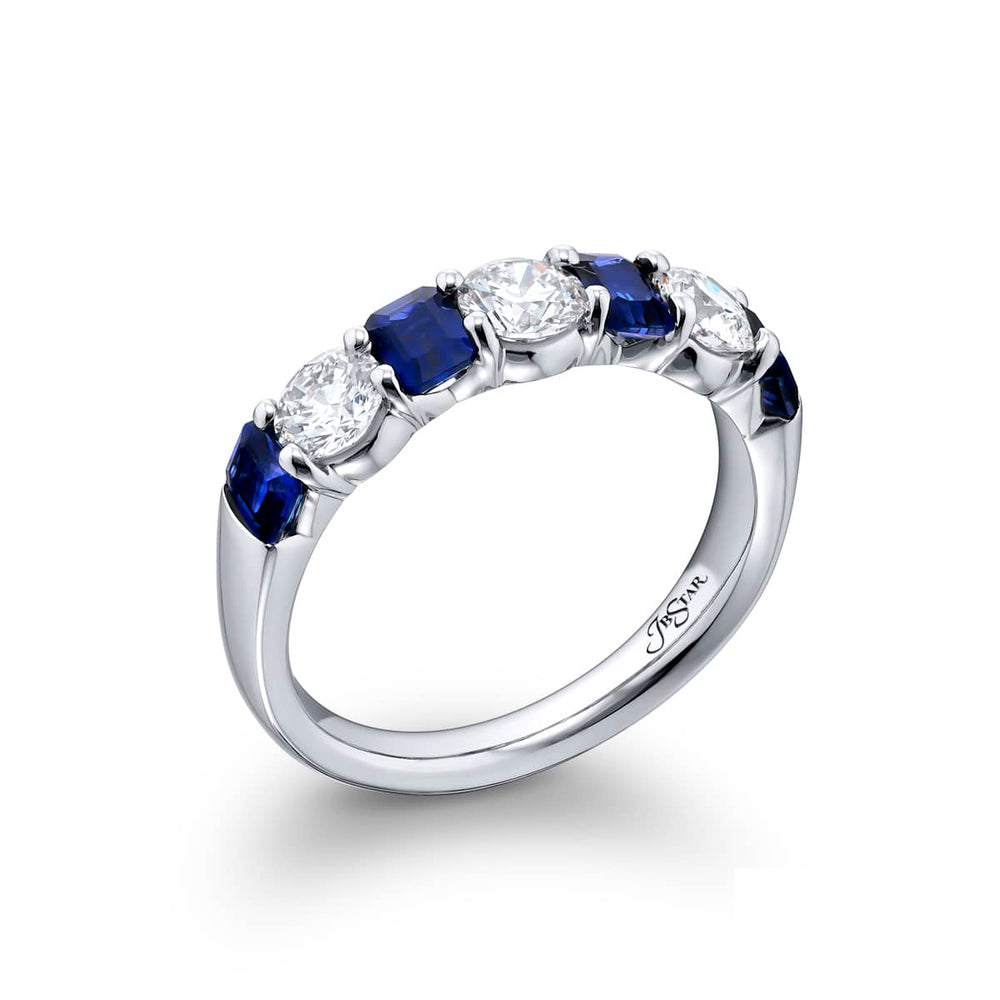 Platinum Emerald-Cut Sapphire and Round Diamond Single-Row Band