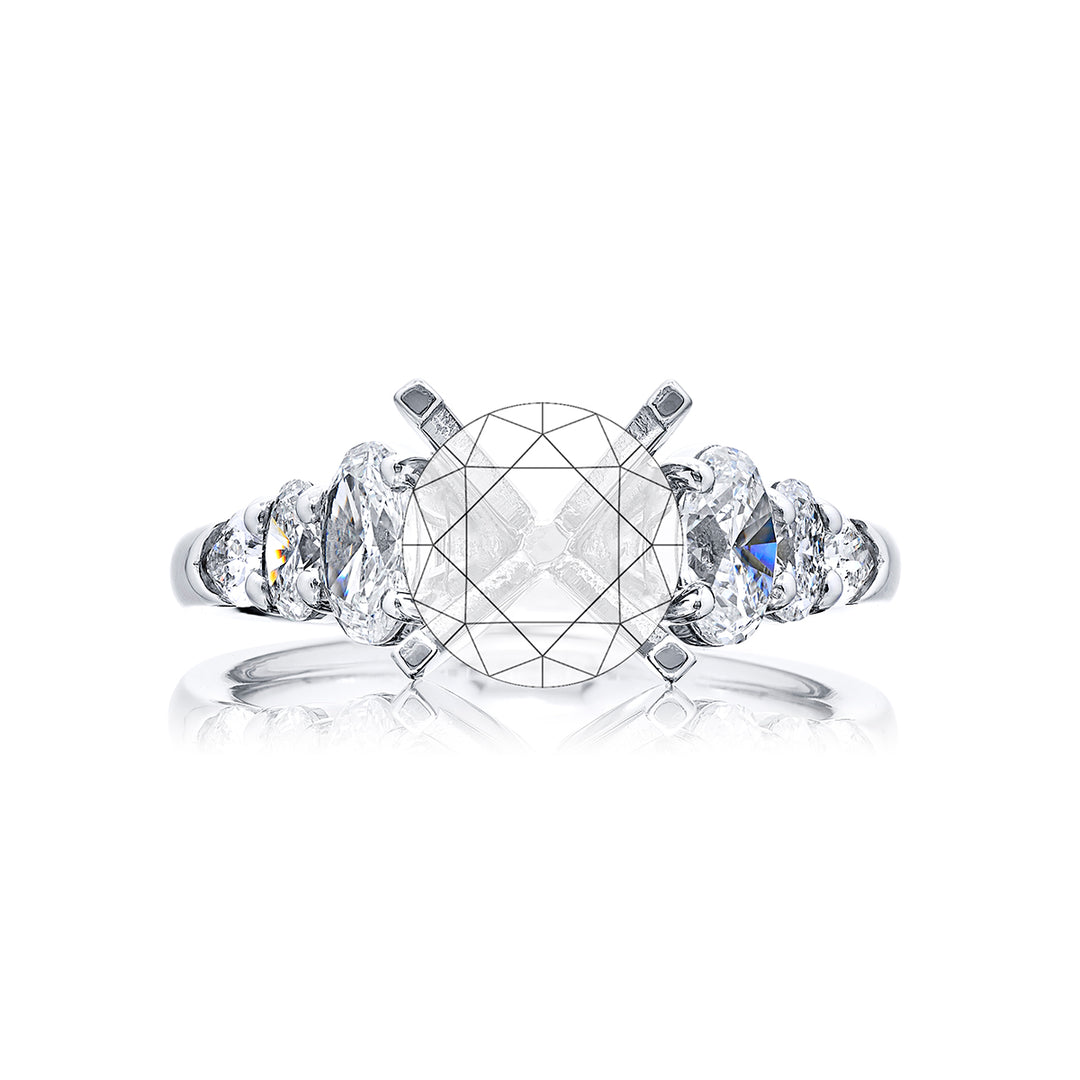 Dazzling Brilliance: Our timeless Diamond Semi-mount. These two shield diamonds accompanied by four beautiful oval diamonds are handcrafted in pure platinum.