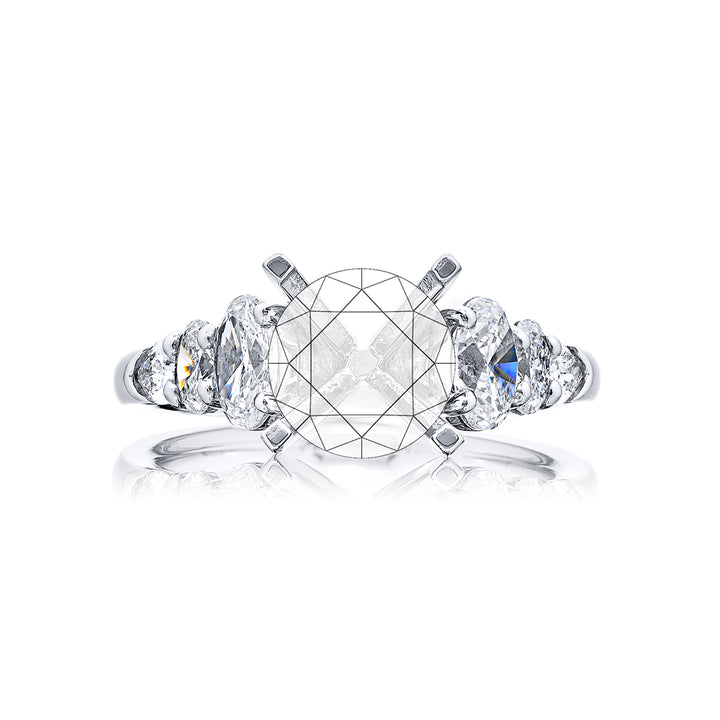Dazzling Brilliance: Our timeless Diamond Semi-mount. These two shield diamonds accompanied by four beautiful oval diamonds are handcrafted in pure platinum.