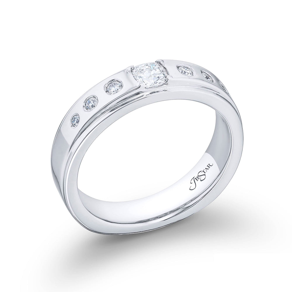 Suave Sophistication: Our dapper Bezel Set Diamond Gentleman?s Band. This cushion-cut diamond center blends with round diamonds and are handcrafted in pure platinum.