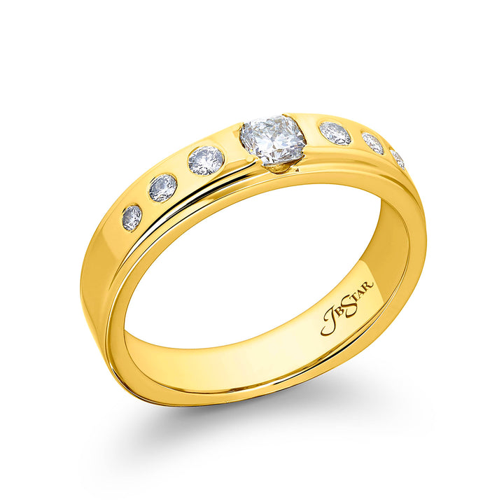 Suave Sophistication: Our dapper Bezel Set Diamond Gentleman?s Band. This cushion-cut diamond center blends with round diamonds and are handcrafted in 18KY gold.