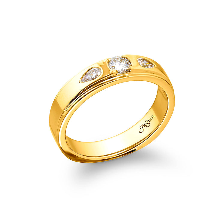 Suave Sophistication: Our dapper Bezel Set Diamond Gentleman?s Band. This round diamond center accompanied by pear-shaped diamonds is handcrafted in 18KY gold.