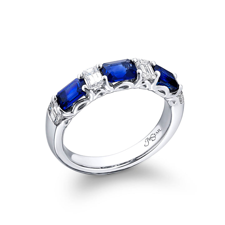 Elegance Elevated: Our classic Sapphire and Diamond Band. These beautiful emerald-cut sapphires blend with emerald-cut diamonds and are handcrafted in pure platinum.