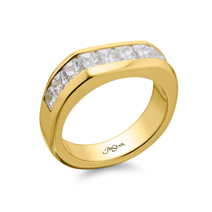 Suave Sophistication: Our dapper 3.76 ctw. Channel Set Diamond Gentleman?s Band. These twelve beautiful radiant-cut diamonds are handcrafted in 18KY gold.