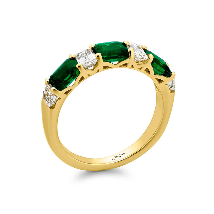 Elegance Elevated: Our classic single row East-West Emerald Band. These stunning emerald-cut emeralds accompany emerald-cut diamonds and are handcrafted in 18KY gold.
