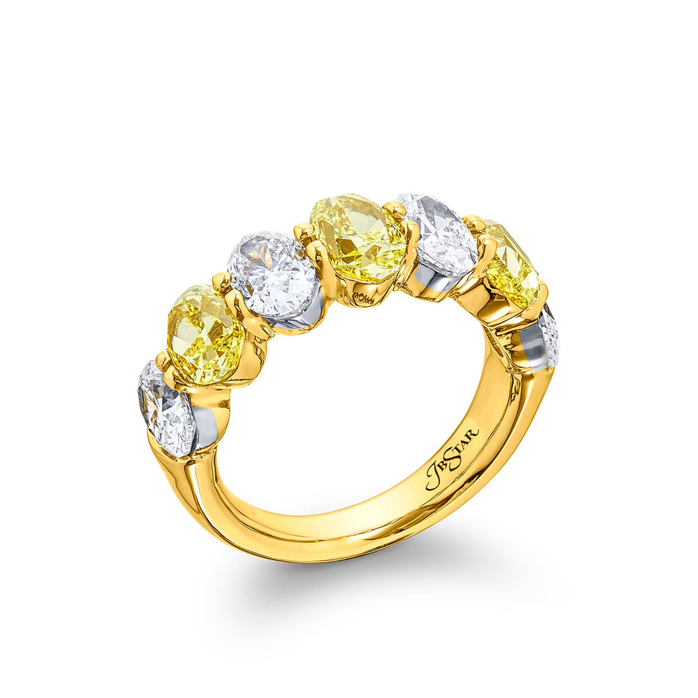 Classic Single-Row Fancy Yellow and White Oval Diamond Band in Platinum and 18K Yellow Gold